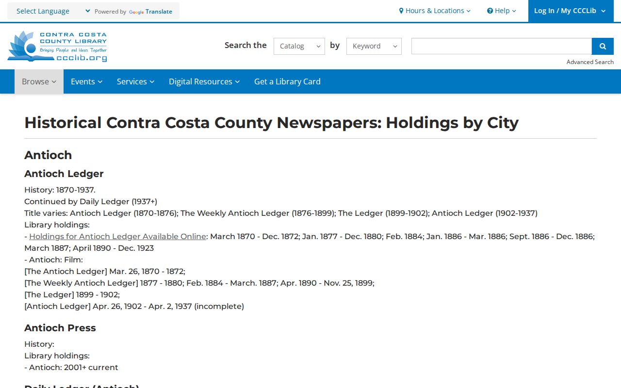 Contra Costa County city directory historical newspaper holdings